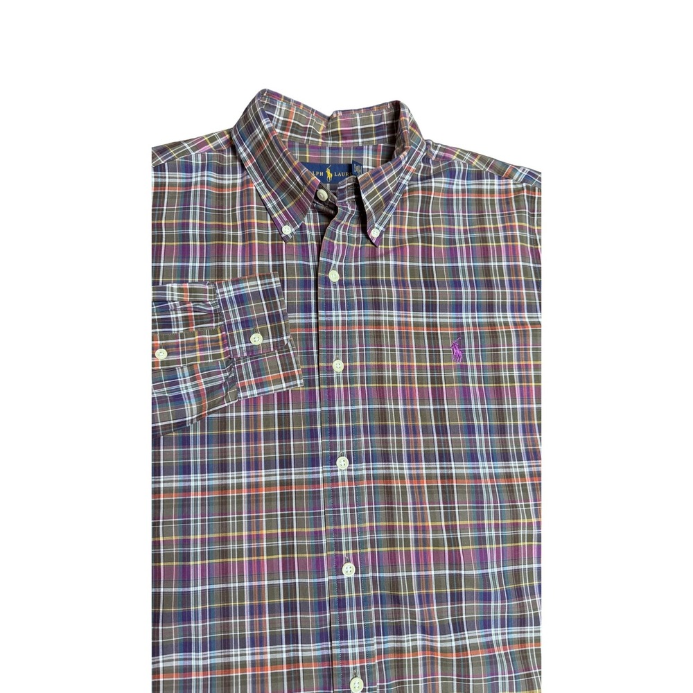 Ralph Lauren Plaid Button Down Shirt Purple Green Vintage sz L Country Club